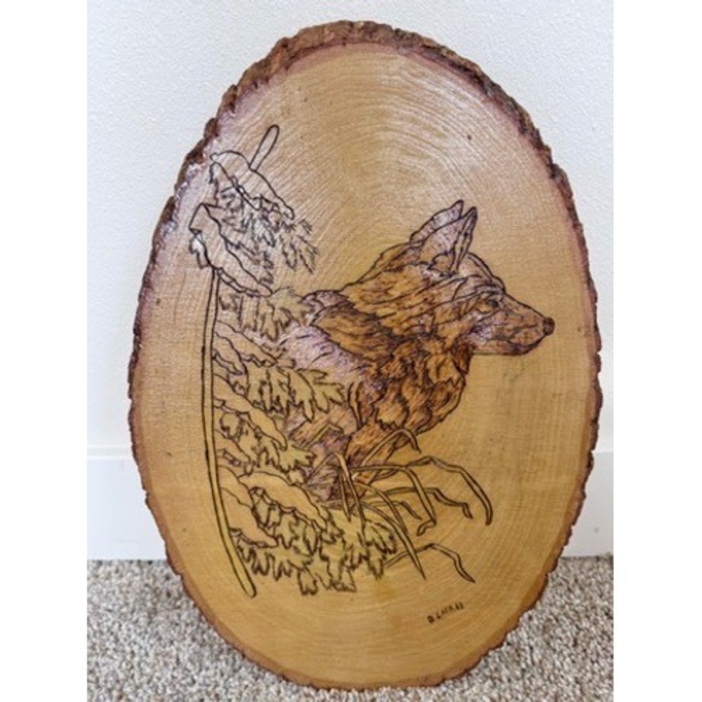 Vintage Wood Burned Wolf Art, D. Cherry Signed, Live Edge Wood Slice